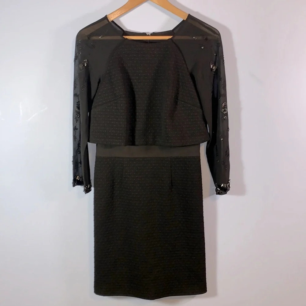 Karen Millen size 2 little black dress mini crew neck sheer beaded sleeves
